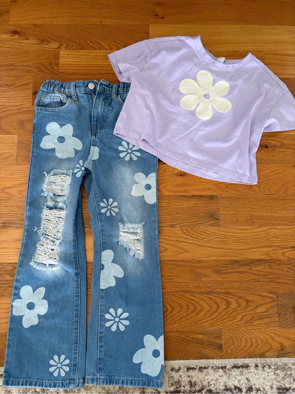Kids Lavender Flower Tee and Floral Ripped Jeans Set